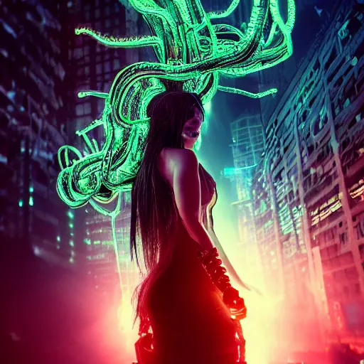 Image similar to Cyberpunk medusa, dark atmosphere, cinematic shot, intricate, ornate, photorealistic, ultra detailed, realistic, 35mm, photography, neon, octane, high definition, depth of field, bokeh, 8k, artstation