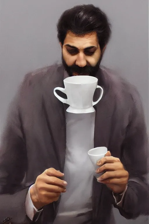 Prompt: a persian man drinking coffee from a paper cup at his work cubicle, by artgerm and yoshitaka amano, trending on artstation