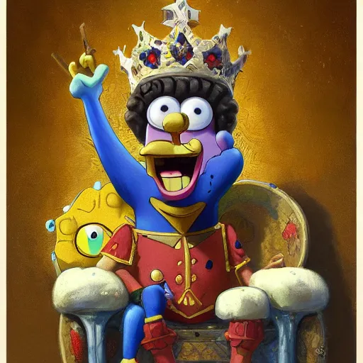 Image similar to spongebob squarepants as a king on a thrown wearing a crown, closeup portrait art by donato giancola and greg rutkowski, digital art, trending on artstation, symmetry!!