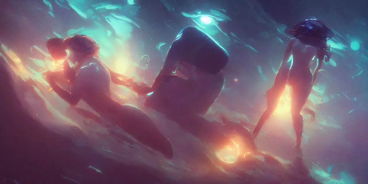 Image similar to dream zoe kravitz astronaut, underwater in the ocean at night, atmospheric, volumetric lighting, glowing lights, 4k, octane, digital painting, artstation, concept art, sharp focus, illustration, art by artgerm and greg rutkowski and alphonse mucha