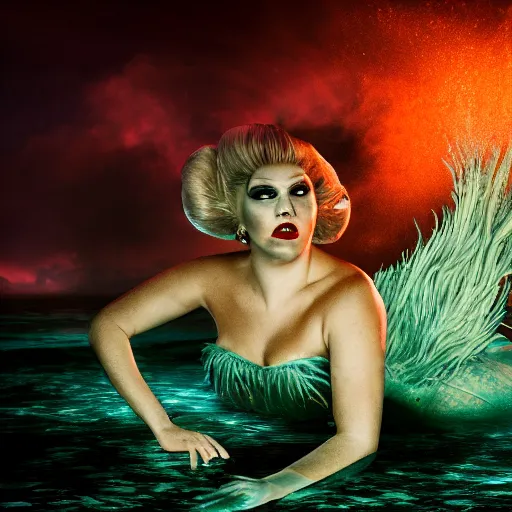 Image similar to Trump as Ursula the sea witch underwater, 8k, professional photography, cinematic shot, dark, smoke