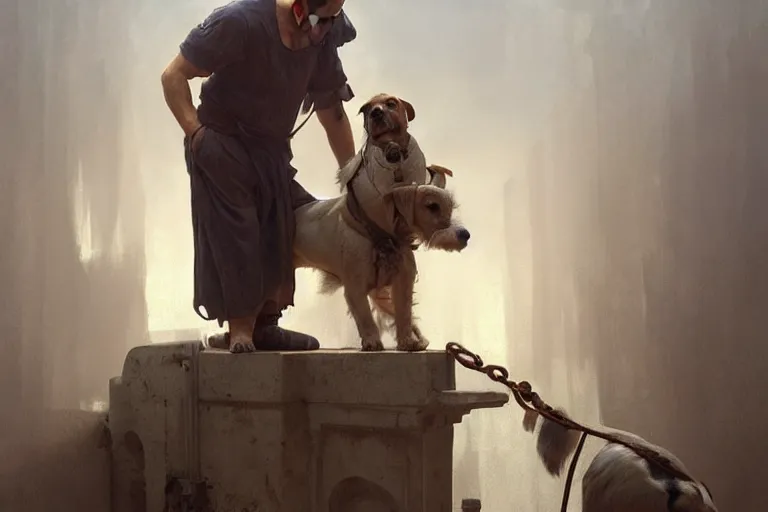 Image similar to a man tied to a pillar and jack russel terrier pissing on him, highly detailed, hyperrealistic digital painting, artstation, concept art, smooth, sharp focus, illustration, cinematic lighting, art by artgerm and greg rutkowski and alphonse mucha