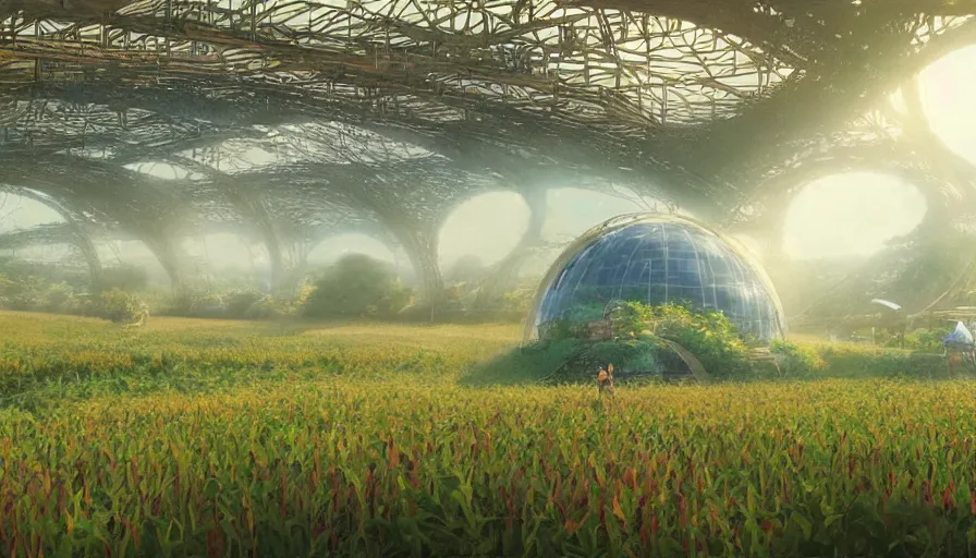 Image similar to craig mullins and ghibli digital illustration of solarpunk fields of crops and hydroponics under an invisible dome, farms, colorful, unreal engine, hyper realism, realistic shading, cinematic composition, realistic render, octane render, detailed textures, photorealistic, wide shot