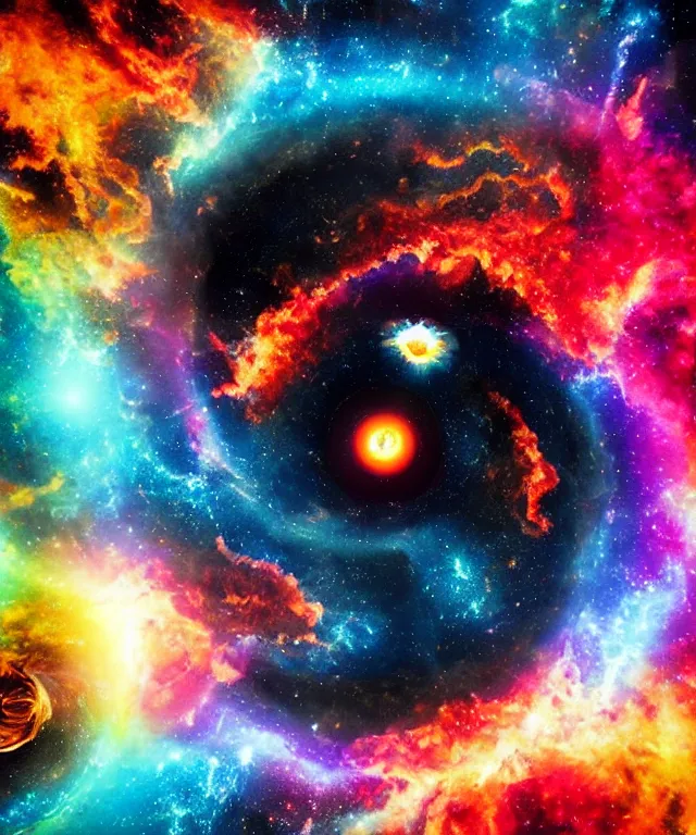 Prompt: black hole, sun, space, bright colors, surreal art, perfect composition, phoenix flames, nebula clouds, soft tones