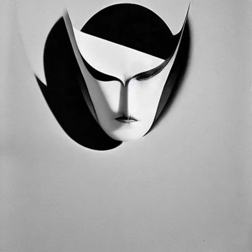 Prompt: Portrait of a femme fatale. Shadow and light. Geometry. Abstract. Surrealist. Black and white. Side lighting. Photography by Dora Maar and Irving Penn. 1934