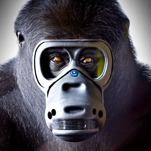 Image similar to high quality photo of A gorilla wearing a world war 2 gas mask in a lab with neon lights, realism, 8k, award winning photo