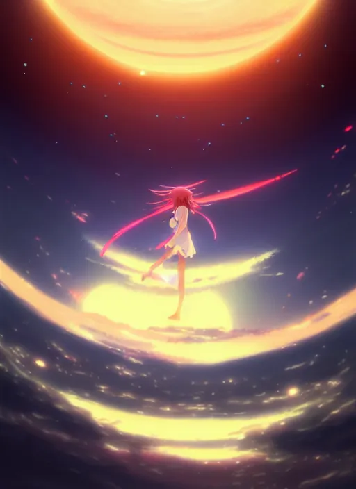 Image similar to anime girl floating against the backdrop of dawn, saturn in the background, illustration, concept art, anime, key visual, trending pixiv fanbox by wlop and greg rutkowski and makoto shinkai and studio ghibli