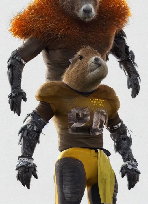 Image similar to detailed full body concept art illustration oil painting of an anthropomorphic capybara football player in full intricate uniform, biomutant, ultra detailed, digital art, octane render