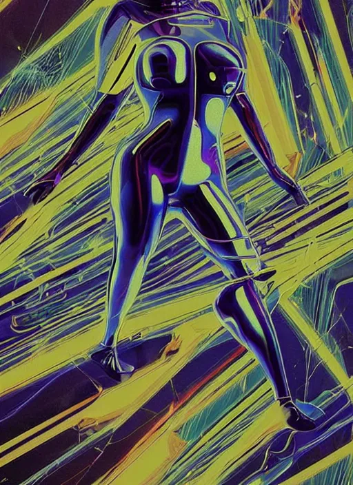 Image similar to futuristic lasers tracing, colorsmoke, fullbodysuit, pyramid hoodvisor, raindrops, wet, oiled, beautiful cyborg girl aphrodite pinup, by steven meisel, kaws, rolf armstrong, hannah af klint perfect geometry abstract acrylic, octane hyperrealism photorealistic airbrush collage painting, monochrome, neon fluorescent colors, minimalist rule of thirds, eighties eros