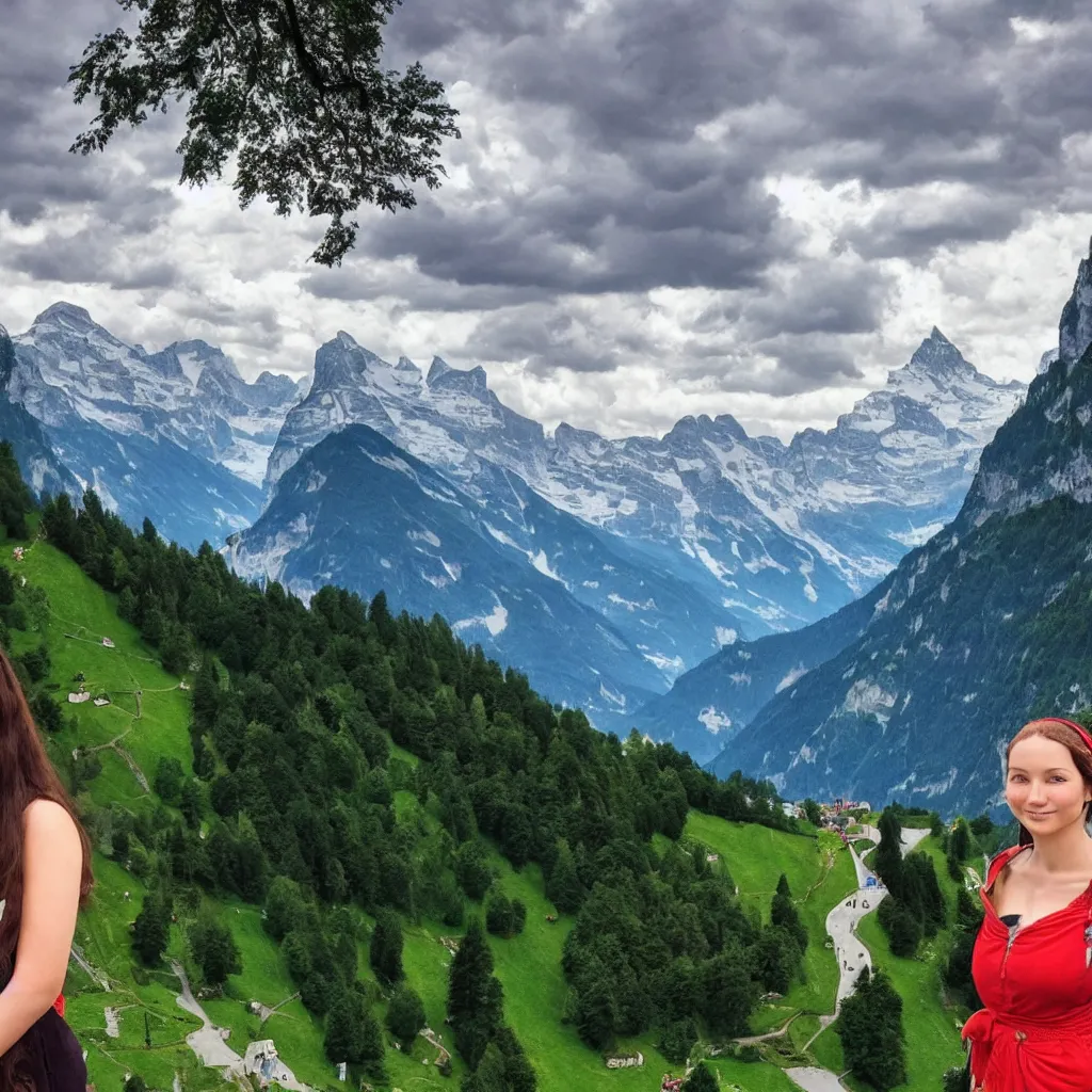 Image similar to A girl that looks like the mona lisa with beautiful switzerland landscape in the background