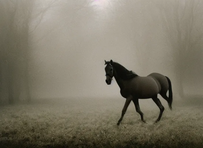 Prompt: an underexposed kodak 500 photograph of a transmorphing horse insect in the mist, muted color