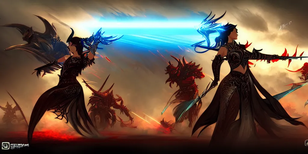 Image similar to guild wars 2, cinematic battlefield, god rays, digital art, high detail by artgerm