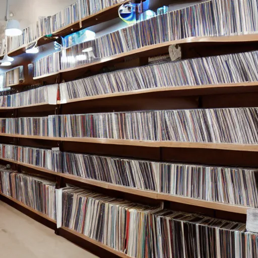 Image similar to cozy music shop, anime style, floor to ceiling shelves of vinyl LP records, large speakers and hifi equipment