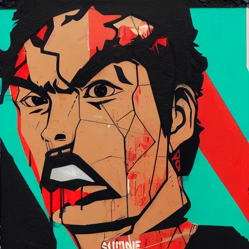 Prompt: Supreme x Violent Ken Profile Picture by Sachin Teng, asymmetrical, Organic Painting , Matte Painting, geometric shapes, hard edges, graffiti, street art,:2 by Sachin Teng:4