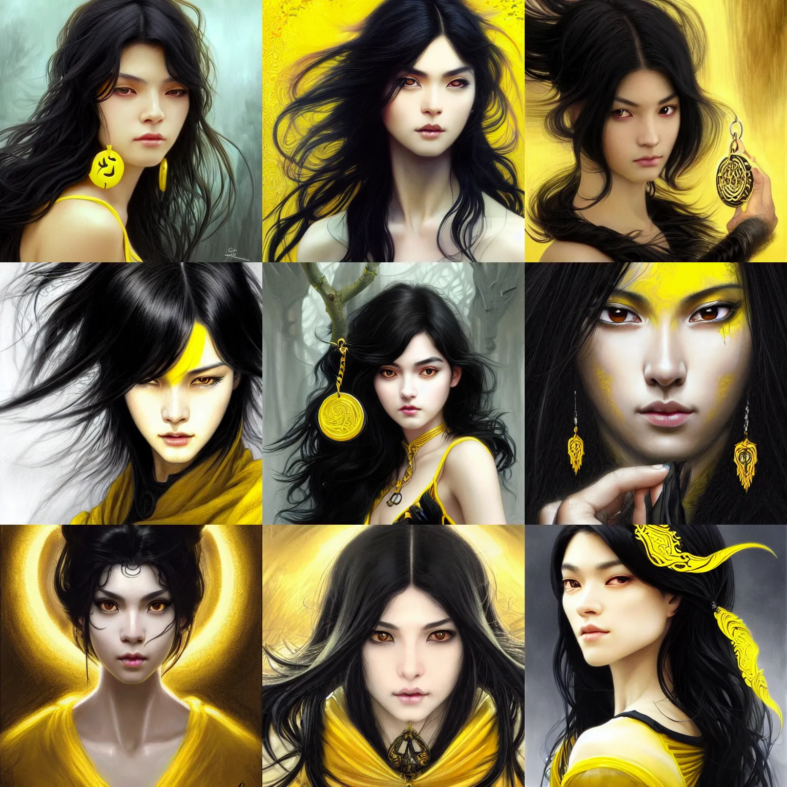 Prompt: beautiful black haired woman with yellow eyes holding a keychain, asian descend, wavy hair combed to one side, black clothes, closeup, d & d, fantasy, intricate, elegant, highly detailed, digital painting, artstation, concept art, matte, sharp focus, illustration, art by artgerm and greg rutkowski and alphonse mucha