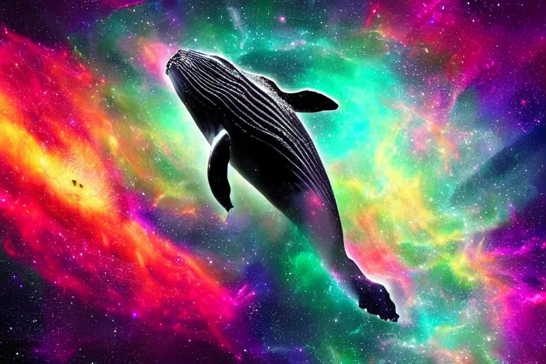 Image similar to a humpback whale made of a cosmic map swimming through a colorful space nebula with a black hole, event horizon, digital art, photorealistic