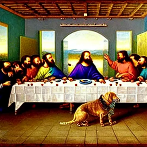 Prompt: The last supper but with dogs, oil on canvas, 1883