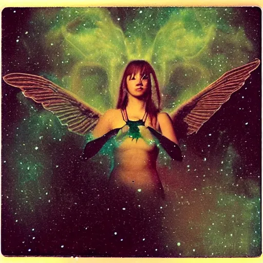 Prompt: a lost female angel glaring into your eyes, deep cosmic eyes, wide long wings made from dark cosmic nebulas, realistic photograph, polaroid pic by horror