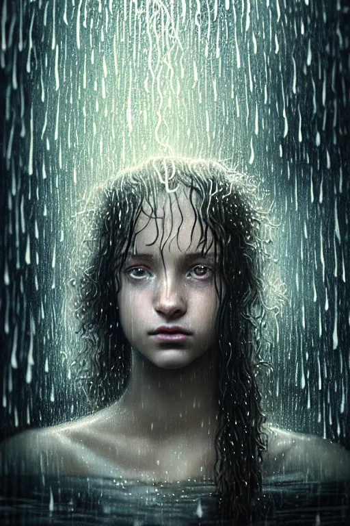 Prompt: portrait of a girl in the upside down rain with wet hair and face, fantasy, intricate, elegant, dramatic lighting, emotionally evoking symbolic metaphor, highly detailed, lifelike, photorealistic, digital painting, artstation, concept art, smooth, sharp focus, illustration, art by John Collier and Albert Aublet and Krenz Cushart and Artem Demura and Alphonse Mucha