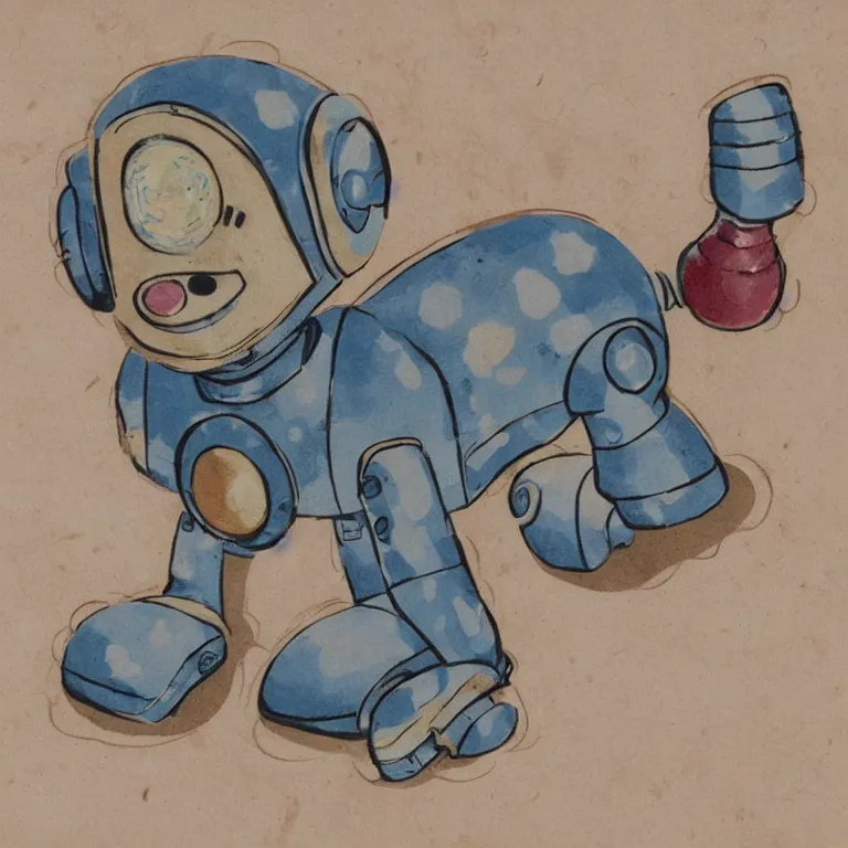 Image similar to a cute robo - puppy. alcohol ink on parchment, muted colors, detailed, textured parchment background, 1 9 5 0 s concept art, jetsons
