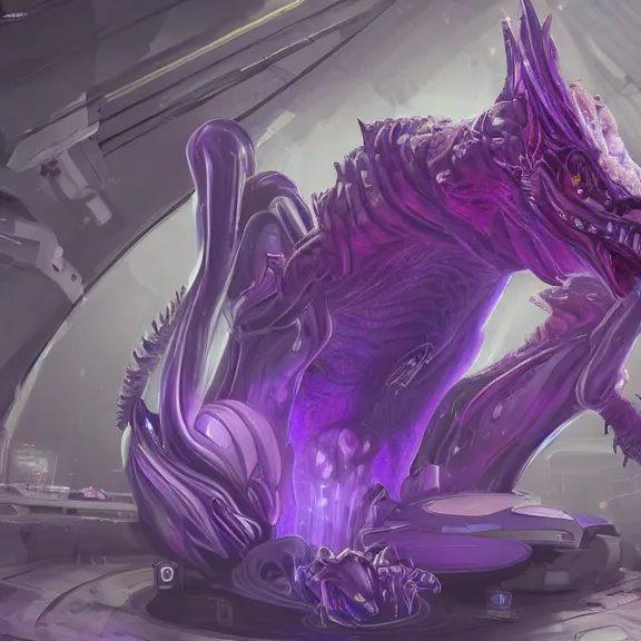 Image similar to inside a cavernous robotic stomach, the walls purple and pulsing, acid pooling inside, acid melting a small dragon, food pov, micro pov, prey pov, vore, dragon vore, digital art, pov furry art, anthro art, furry, warframe art, high quality, 8k 3D realistic, macro art, micro art, Furaffinity, Deviantart, Eka's Portal, G6