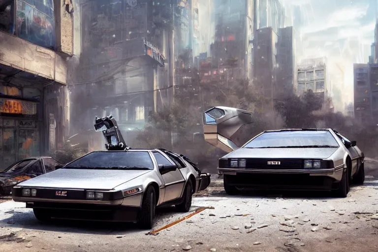 Prompt: highly detailed photorealistic rendering of the delorean from back to the future parked on the streets of a cyberpunk abandoned city, futuristic post - apocalyptic vibe, by greg rutkowski and stanley artgerm and alphonse mucha, octane, sharp focus, hyperrealistic, unreal engine 5, vray, masterpiece