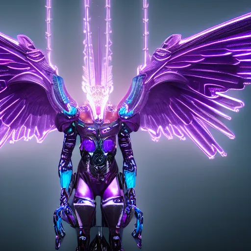 Image similar to a photo of 8 k ultra realistic archangel with 6 wings, full body, intricate purple and blue neon armor, ornate, cinematic lighting, trending on artstation, 4 k, hyperrealistic, focused, high details, unreal engine 5, cinematic