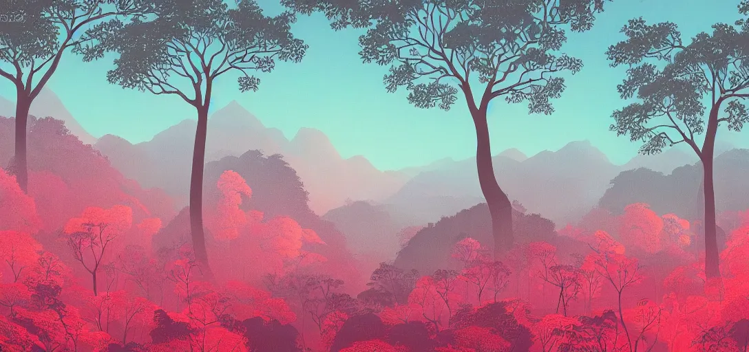 Image similar to a forested landscape, large hanging tree canopies, pink light on the horizon, mountains, vast foliage by eyvind earle, highly detailed, volumetric lighting