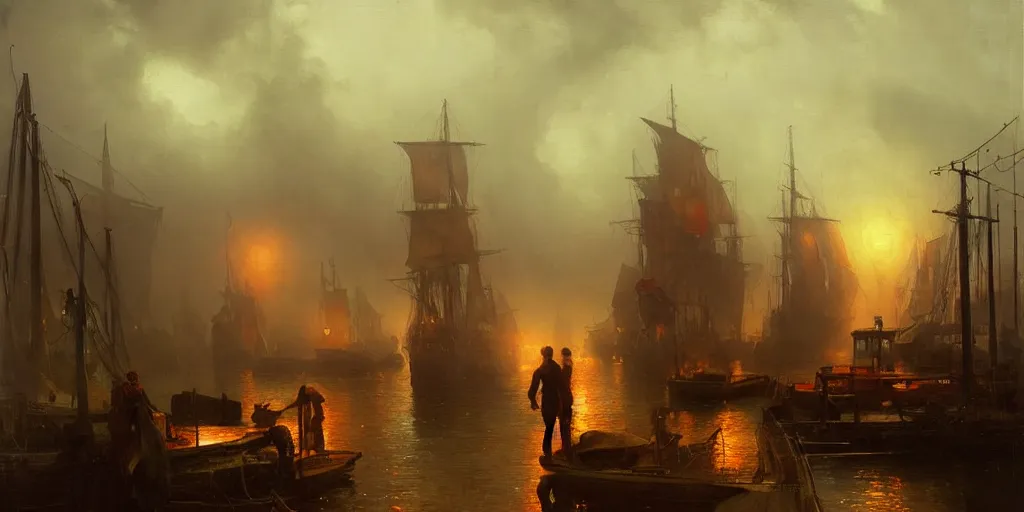 Image similar to a seaport in 1 9 4 0 with red light on, sunny day, a men stand up next to the edge, mystical orange fog, oil on canvas, art by andreas achenbach, clemens ascher, tom bagshaw and sabbas apterus,