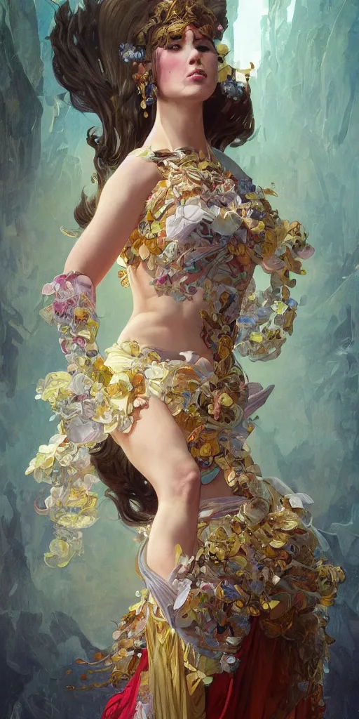 Image similar to portrait of tragedy, expressive pose, acrobatic, rainbow eyes, ornate frilly dress, fantasy, intricate, elegant, highly detailed, digital painting, artstation, concept art, smooth, sharp focus, illustration, art by artgerm and greg rutkowski and alphonse mucha, octane render