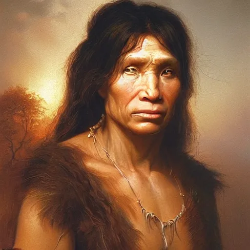 Image similar to portrait of a neanderthal woman ( 3 5 ) from spain, 5 0, 0 0 0 bce, an oil painting by ross tran and thomas kincade