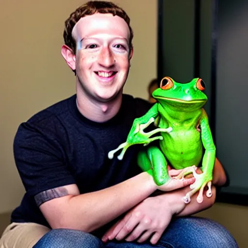 Prompt: mark zuckerberg holding his pet frog looking at the camera
