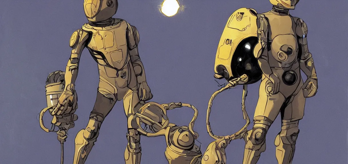 Image similar to male, full body!!!!!!, space suit with a modern helmet, large shoulders, short torso, long thin legs, tiny feet, character sheet, science fiction, very stylized character design, digital painting, by mike mignola, by alex maleev, jean giraud, painted by leyendecker