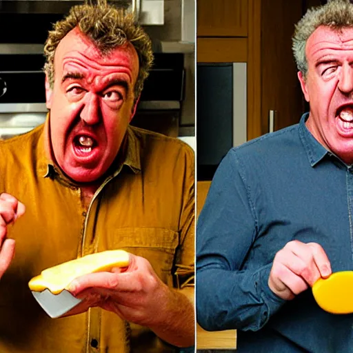 Prompt: jeremy clarkson screaming angry while trying to eat melted cheese