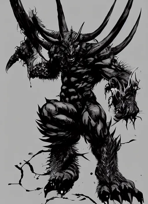 Image similar to A horned shadow demon bear spirit with sharp claws. In style of Yoji Shinkawa and Hyung-tae Kim, trending on ArtStation, dark fantasy, great composition, concept art, highly detailed.