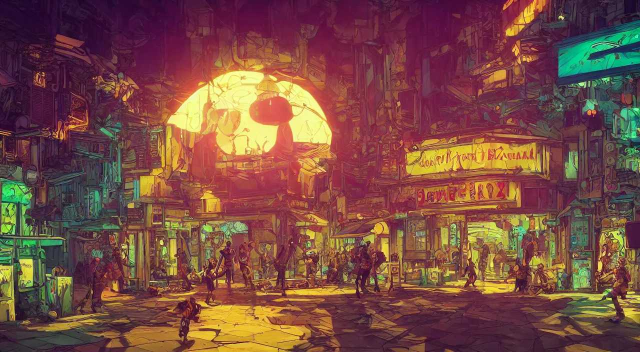 Image similar to bazaar zouk oriantal full color sky shine place mosquet painting stylized digital illustration video game icon global illumination ray tracing that looks like it is from borderlands and by feng zhu and loish and laurie greasley, victo ngai, andreas rocha, john harris