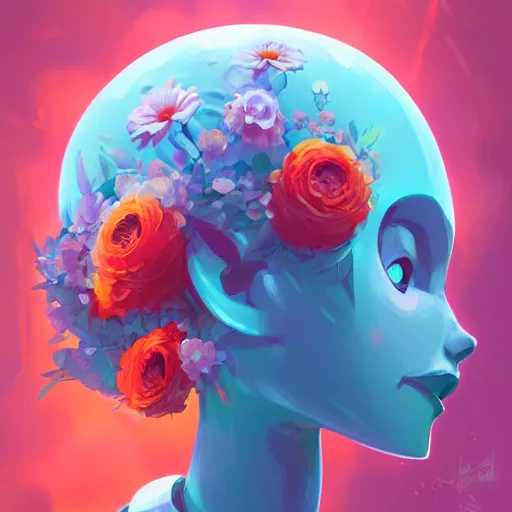 Prompt: a robot head with flowers coming out of the top, minimalist, behance hd by jesper ejsing, by rhads, makoto shinkai and lois van baarle, ilya kuvshinov, rossdraws global illumination