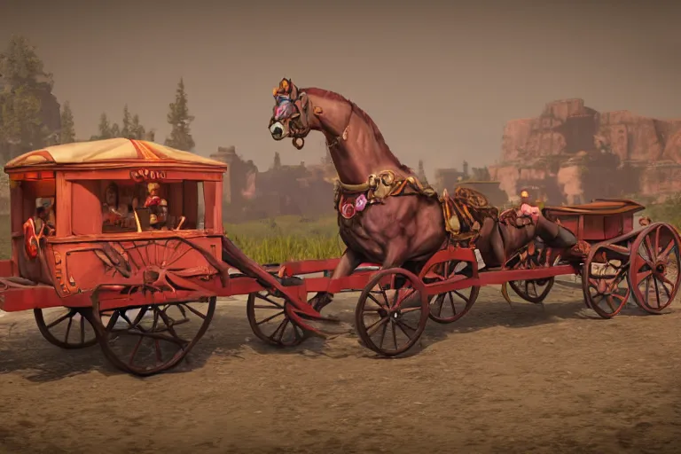 Image similar to 3d sculpt of a large circus wagon stagecoach, artstaton, League of Legends, red dead redemption2, overwatch, digital illustration