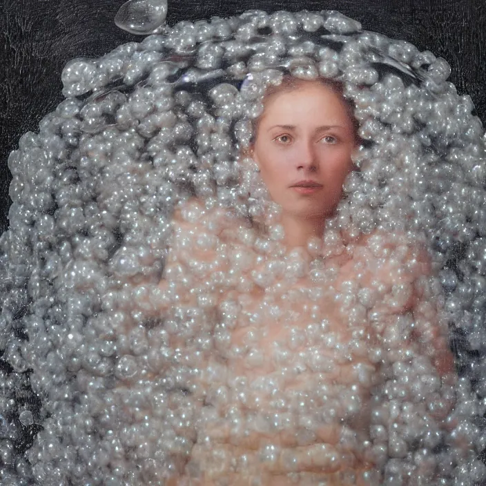 Prompt: a closeup portrait of a woman wrapped in bubble wrap, standing in front of a vast black forest, color photograph, by vincent desiderio, canon eos c 3 0 0, ƒ 1. 8, 3 5 mm, 8 k, medium - format print