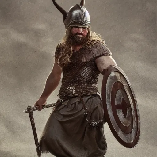 Prompt: of a viking from valhalla, wearing the horned helmet ultra fine detail, hair strands, ultra high resolution, fine texture detail, miniature painting techniques, perfect proportions, marvel cinematic universe, eric bana