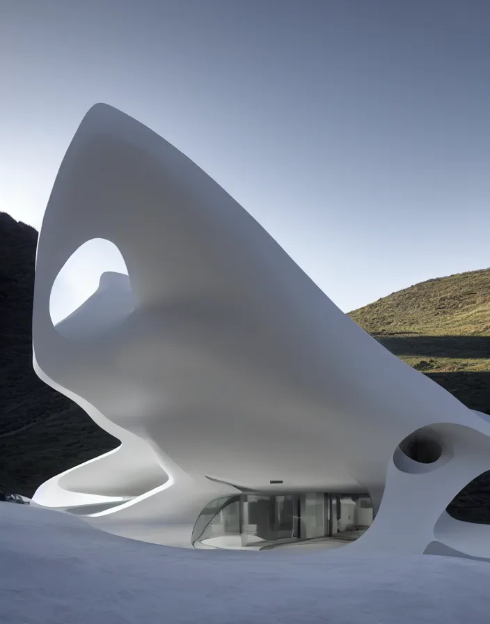 Image similar to zaha hadid 3 d construction printed house on the mountain, soft light