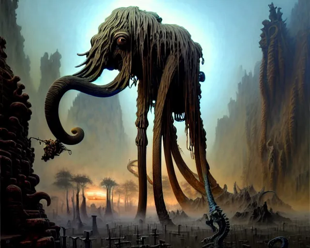 Image similar to street view of a mammoth graveyard, fantasy landscape made of fractals facing each other, ultra realistic, wide angle, intricate details, the fifth element artifacts, highly detailed by peter mohrbacher, hajime sorayama, wayne barlowe, boris vallejo, aaron horkey, gaston bussiere, craig mullins