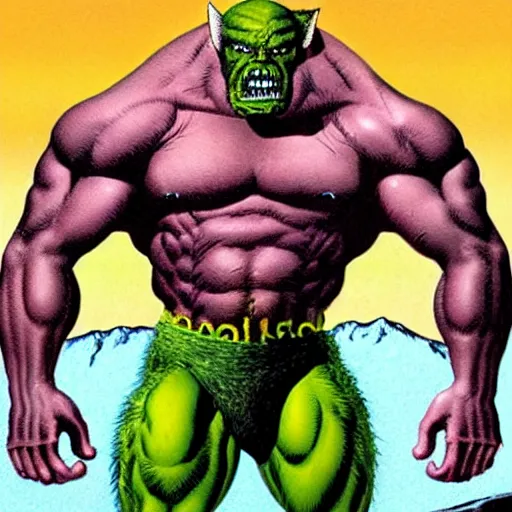 Image similar to muscular monster mutant against a solid white backdrop, [ art by richard corben ]