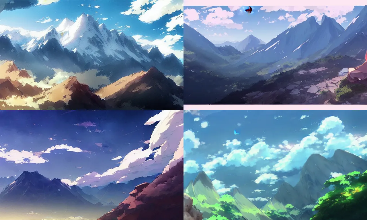 Prompt: mountain peaks and clouds ， by makoto shinkai an krenz cushart