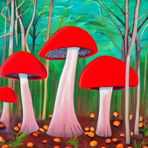 Image similar to modern painting giant mushrooms with red caps in a forest that is bright and cheerful