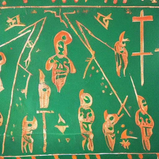 Image similar to green cave painting of crosses and ufos