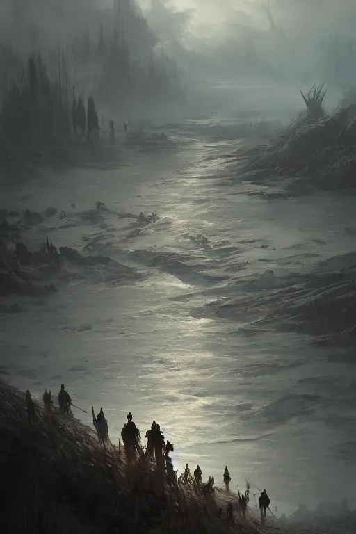 Image similar to bloody river in hell, by greg rutkowski, people walking into the horizon, trending on artstation