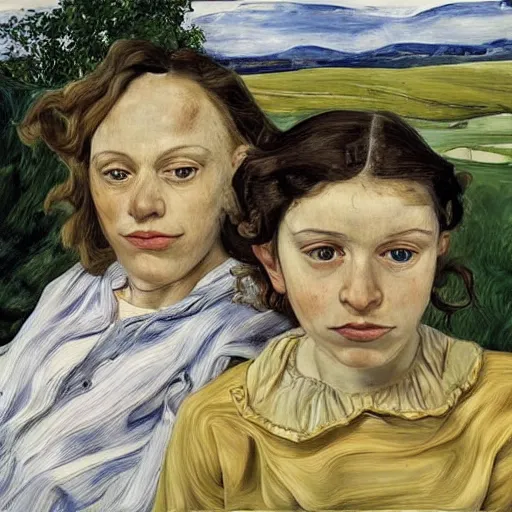 Prompt: a portrait of two beautiful sisters in a scenic environment by lucian freud