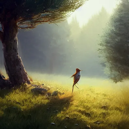 Prompt: wren bird in avila, green fields, pinetrees, summer season, 4 k, midday light, concept art, by wlop, ilya kuvshinov, artgerm, krenz cushart, greg rutkowski, pixiv. cinematic dramatic atmosphere, sharp focus, volumetric lighting, cinematic lighting, studio quality