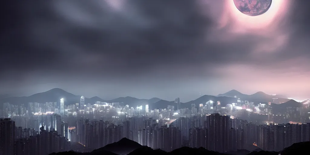 Prompt: nuclear winter, hong kong, near future, fantasy, sci - fi, hyper realistic, serene, dusk.